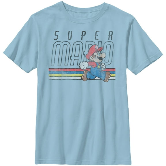 Boy's Nintendo Super Mario Classic Stripes  Graphic Tee Light Blue Medium