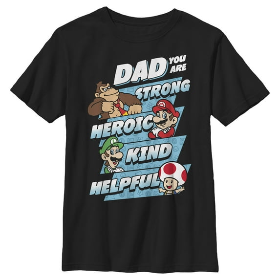 Boy's Nintendo Super Mario Dad You are Strong Heroic Kind Helpful Graphic Tee Black X Large
