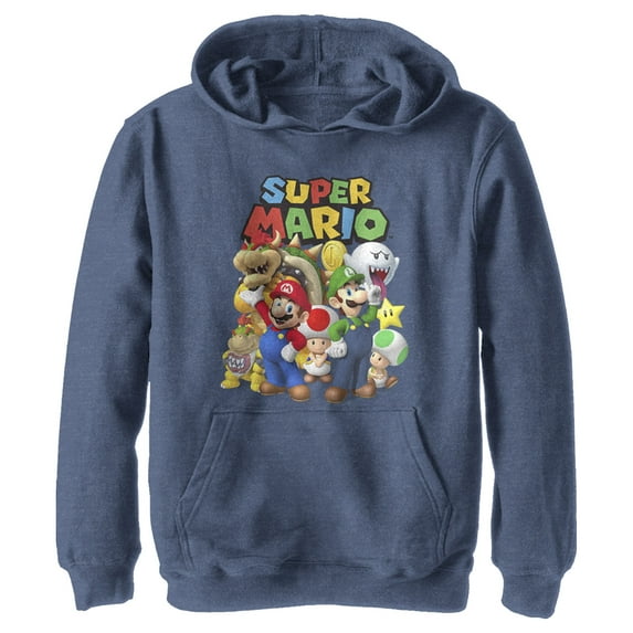 Boy's Nintendo Super Mario Group Pull Over Hoodie Navy Blue Heather Small