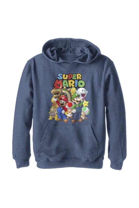 Boy's Nintendo Super Mario Group Pull Over Hoodie Navy Blue Heather Small