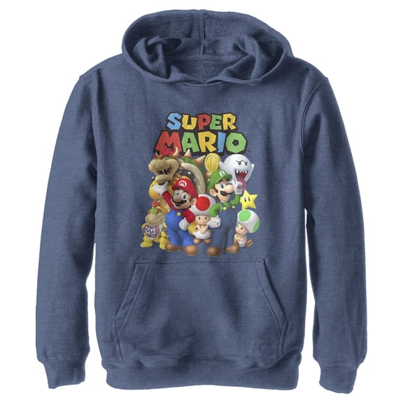 Boy's Nintendo Super Mario Group Pull Over Hoodie Navy Blue Heather X Large