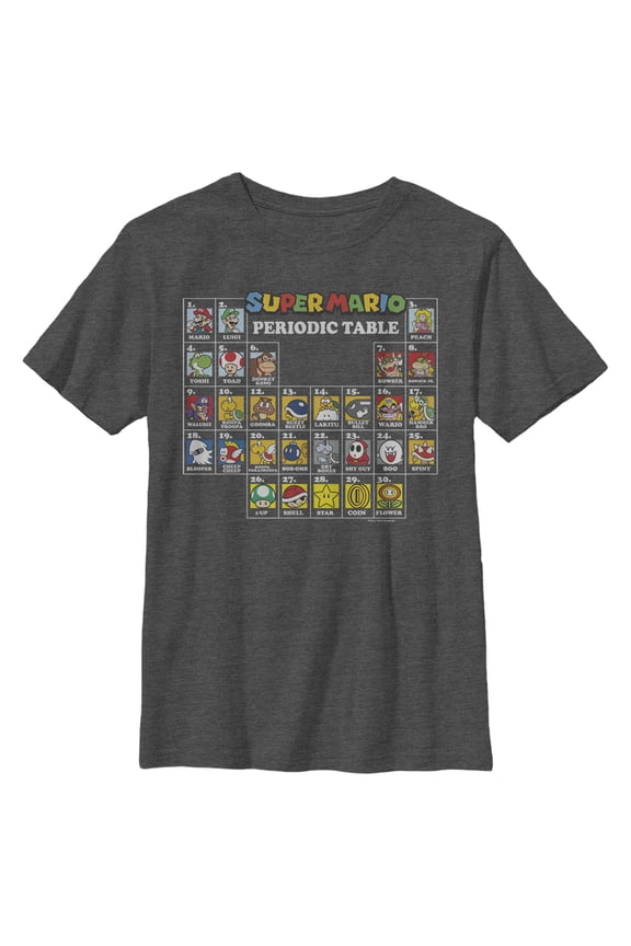 Boy's Nintendo Super Mario Periodic Table of Elements Graphic Tee Charcoal Heather Large