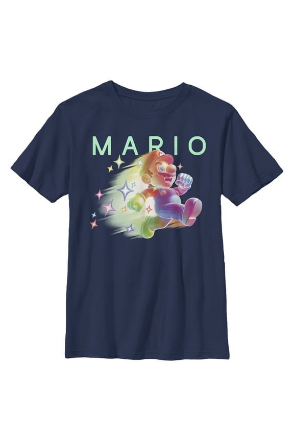 Boy's Nintendo Super Mario Rainbow Stars Graphic Tee Navy Blue Medium