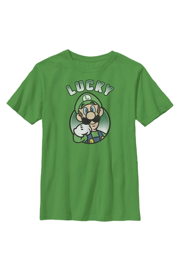Boy's Nintendo Super Mario St. Patrick's Day Lucky Luigi Retro Graphic Tee Kelly Green X Large