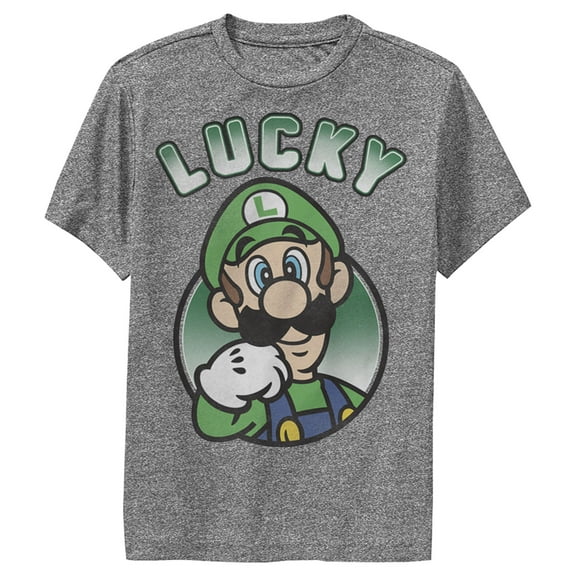Boy's Nintendo Super Mario St. Patrick's Day Lucky Luigi Retro  Performance Graphic Tee Charcoal Heather X Large