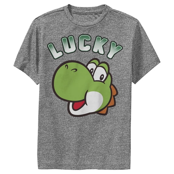 Boy's Nintendo Super Mario St. Patrick's Day Lucky Yoshi Retro Performance Graphic Tee Charcoal Heather Medium