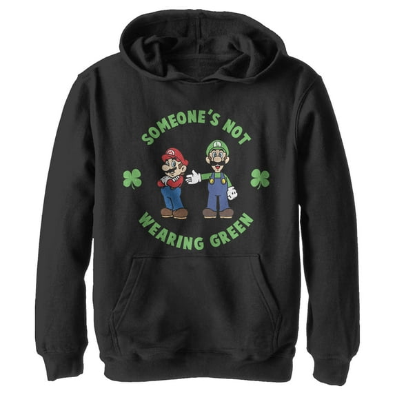 Boy's Nintendo Super and Luigi St. Patrick's Day Not Wearing Green Pull Over Hoodie Black X Large