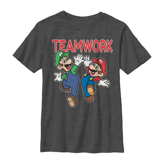 Boy's Nintendo Teamwork High Five Graphic Tee Charcoal Heather X Large