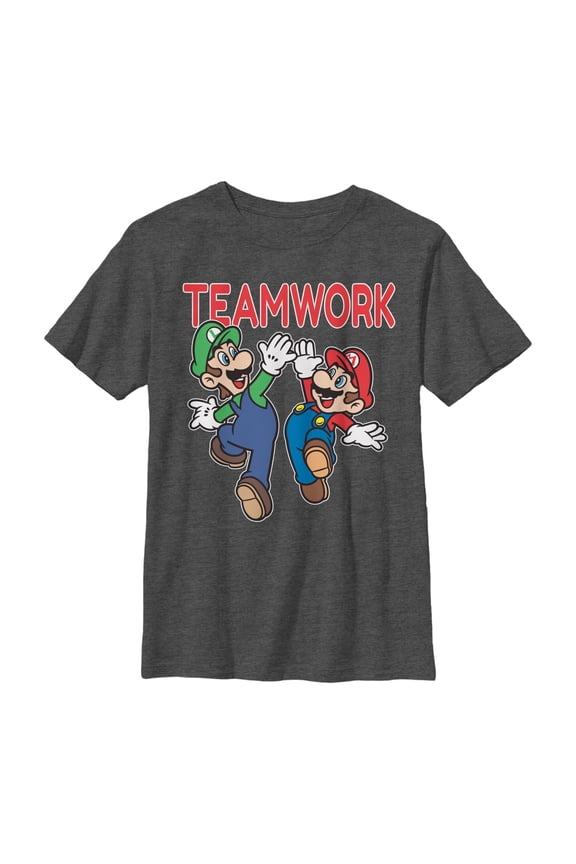 Boy's Nintendo Teamwork High Five Graphic Tee Charcoal Heather X Large