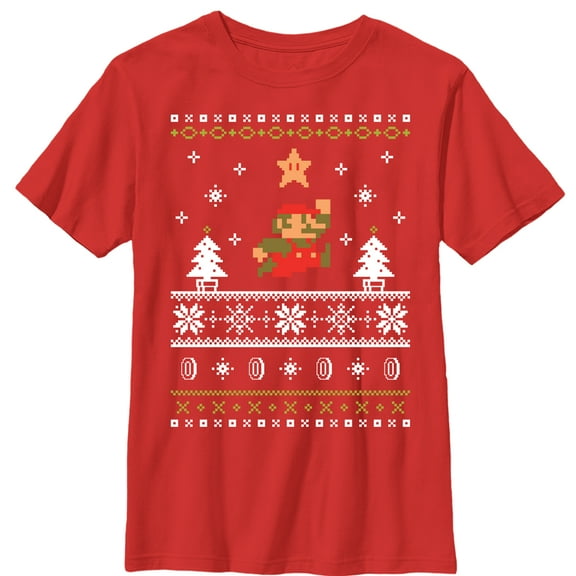 Boy's Nintendo Ugly Christmas Mario  Graphic Tee Red Medium
