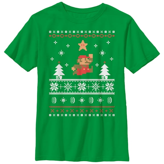 Boy's Nintendo Ugly Christmas Mario Jump Star  Graphic Tee Kelly Green X Large