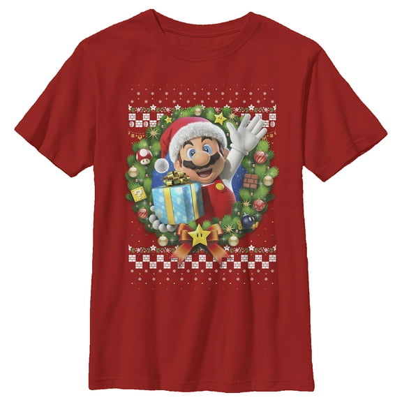 Boy's Nintendo Ugly Christmas Mario Wreath Graphic Tee Red X Large