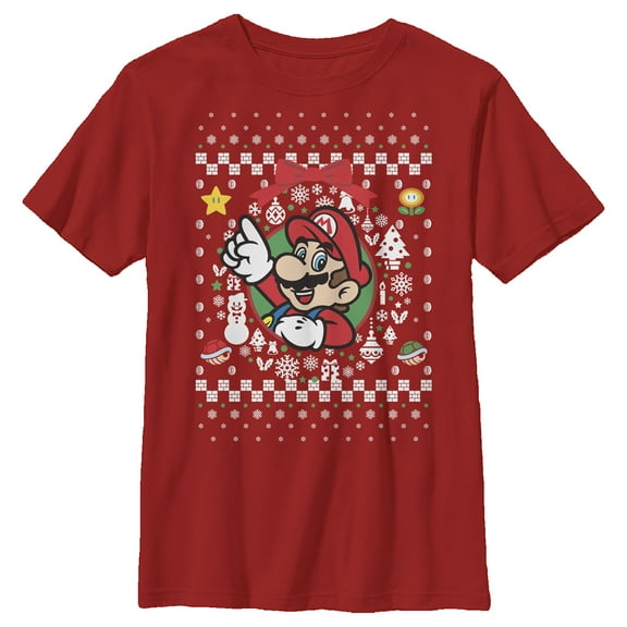 Boy's Nintendo Ugly Christmas Mario Wreath  Graphic Tee Red X Small