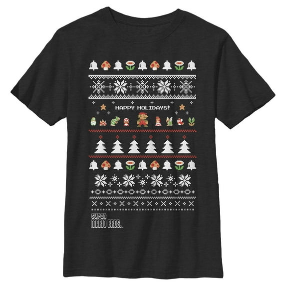 Boy's Nintendo Ugly Christmas Super Mario Happy Holidays Graphic Tee Black X Small
