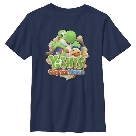 Boy's Nintendo Yoshi's Crafted World Graphic Tee Navy Blue X Small
