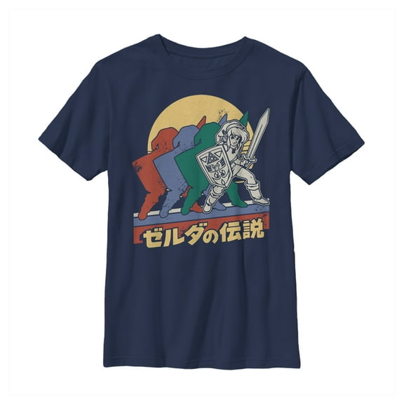 Boy's Nintendo Zelda Retro Link Kanji Portrait  Graphic Tee Navy Blue Large