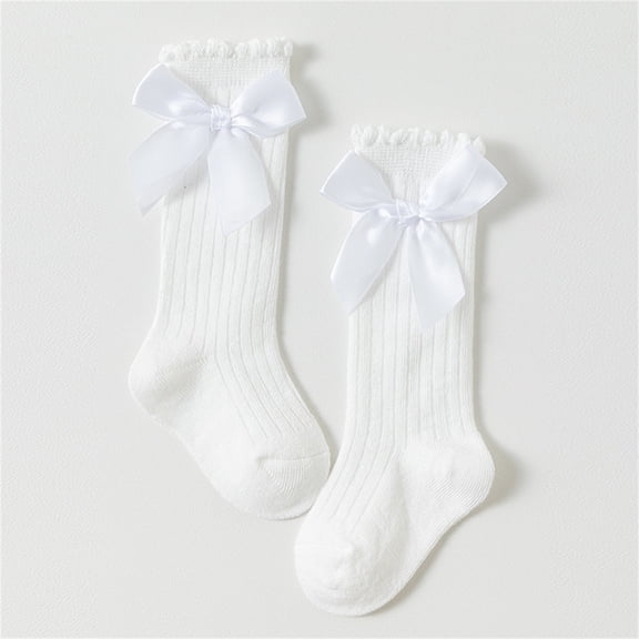 Boy's No Show Socks Girls Knee High Socks Bow Stockings Toddler Breathable Long Tube Knit Cute Socks Fall Socks White M