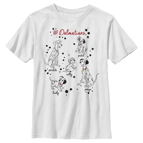 Boy's One Hundred and One Dalmatians Character Names Graphic Tee White X Large
