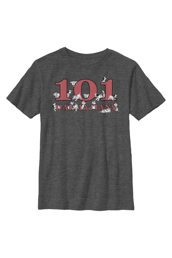 Boy's One Hundred and One Dalmatians Classic Red Logo Graphic Tee Charcoal Heather Large