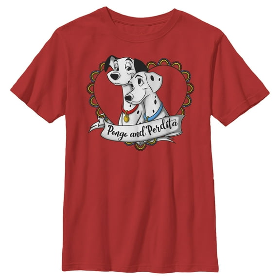 Boy's One Hundred and One Dalmatians Pongo and Perdita Heart Love  Graphic Tee Red Medium