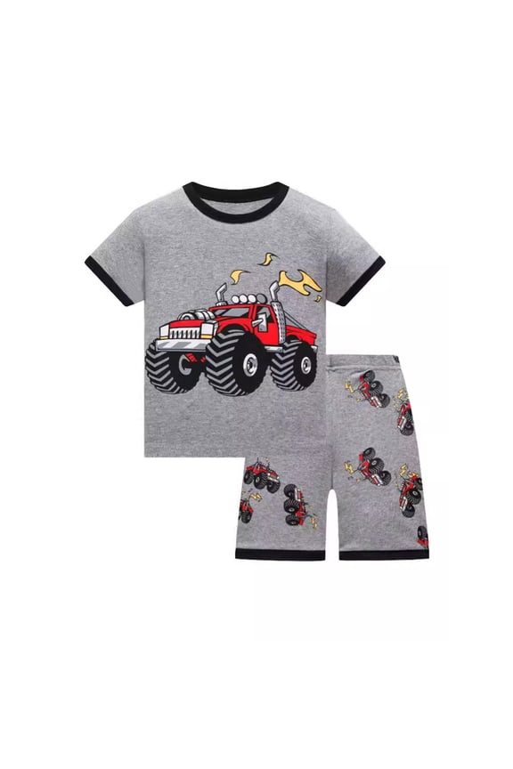 Boy's Outfits Cute Fashion Truck Printed Short Sleeve Tops and Shorts Set Size 6-7T