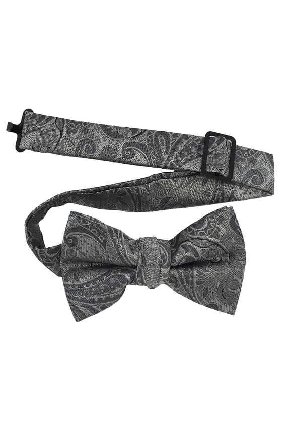 Boy’s Paisley Silver Formal Satin Pre-Tied Bow Tie by Spencer J’s Signature Satin Collection