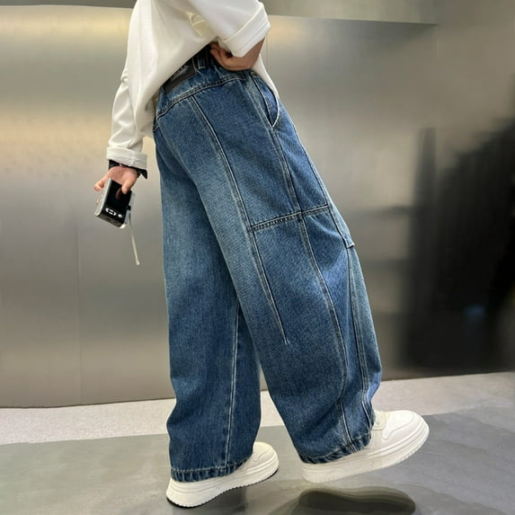 Boy's Pants Casual Denim Straight Leg Loose Fit Adjustable Waistband Pockets Activewear