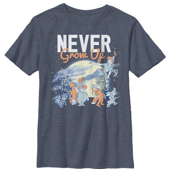Boy's Peter Pan Lost Boys Never Grow Graphic Tee Navy Blue Heather Large