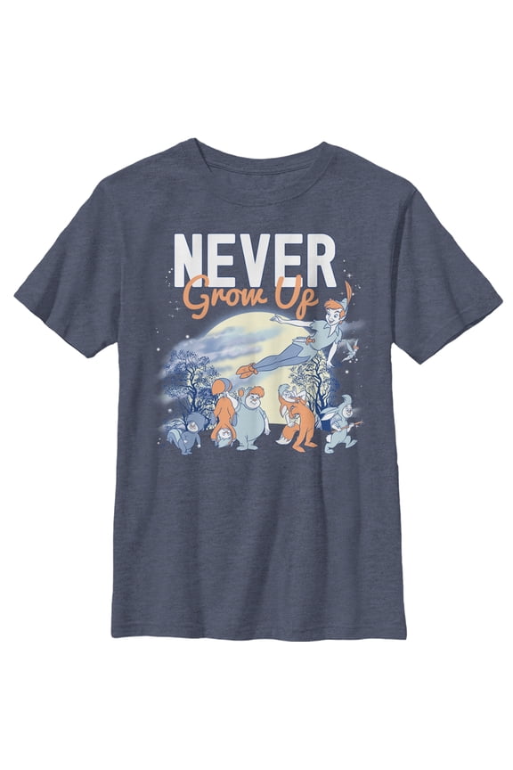 Boy's Peter Pan Lost Boys Never Grow  Graphic Tee Navy Blue Heather Small
