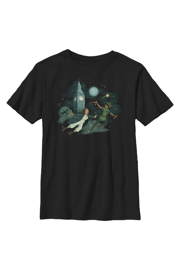 Boy's Peter Pan & Wendy Animated Flying Scene Graphic Tee Black Large