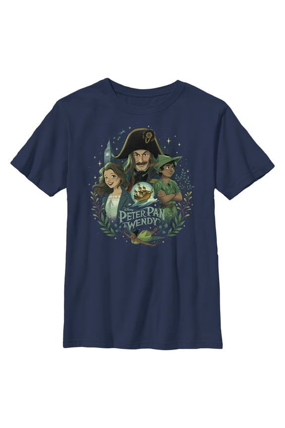 Boy's Peter Pan & Wendy Animated Movie Poster Graphic Tee Navy Blue Small