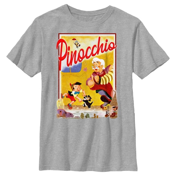 Boy's Pinocchio Retro Storybook Cover  Graphic Tee Athletic Heather Medium