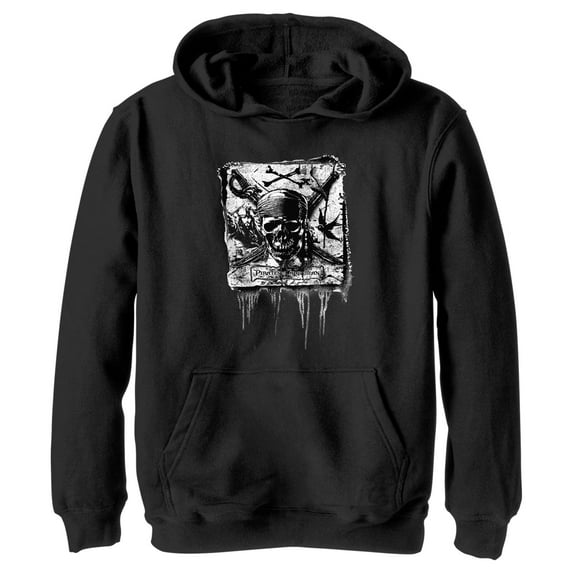 Boy's Pirates of the Caribbean: Curse of the Black Pearl Black and White Skull Logo Pull Over Hoodie Black Medium
