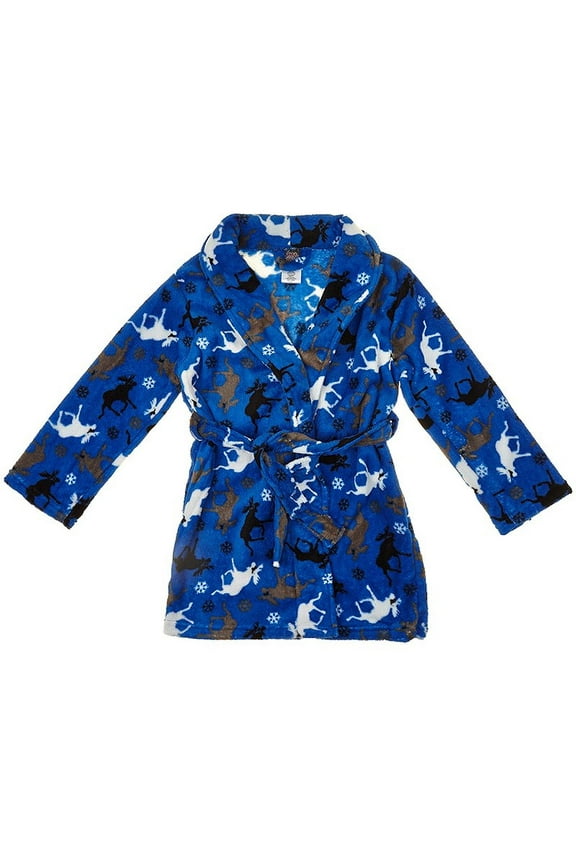 Boy's Plush Royal Blue Moose and Snowflake Fleece Bathrobe, Robe, Size 8/10