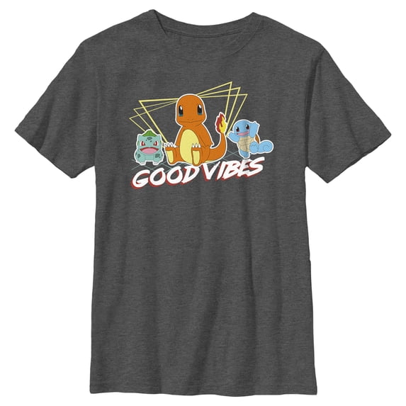Boy's Pokemon Bulbasaur, Squirtle and Charmander Good Vibes Graphic Tee Charcoal Heather Small