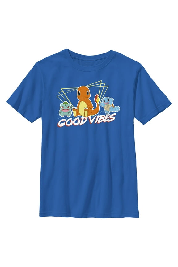 Boy's Pokemon Bulbasaur, Squirtle and Charmander Good Vibes Graphic Tee Royal Blue Large