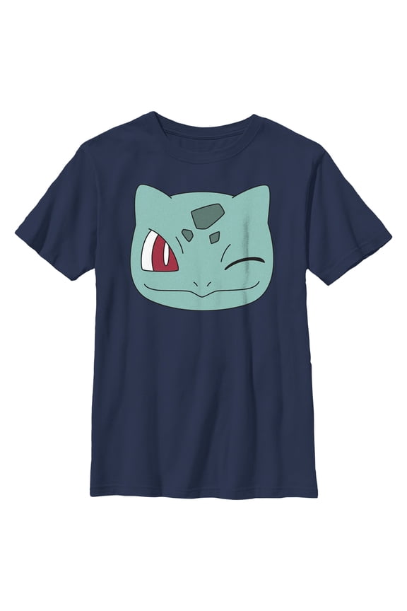 Boy's Pokemon Bulbasaur Wink Face Graphic Tee Navy Blue Small