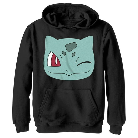 Boy's Pokemon Bulbasaur Wink Face Pull Over Hoodie Black X Large