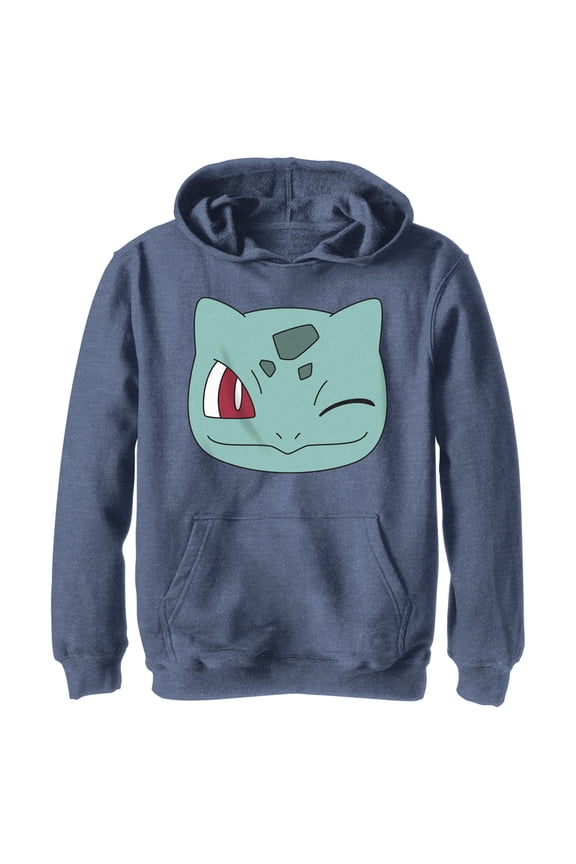 Boy's Pokemon Bulbasaur Wink Face  Pull Over Hoodie Navy Blue Heather Small