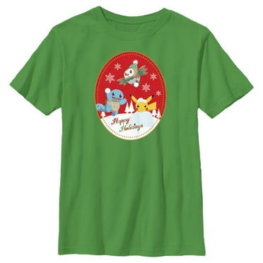 Boy's Pokemon Christmas Happy Holidays Patch  Graphic Tee Kelly Green X Small