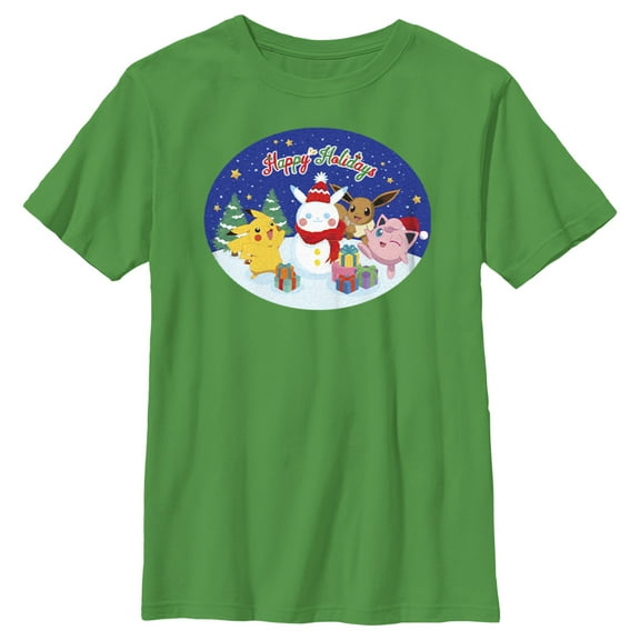 Boy's Pokemon Christmas Happy Holidays Snowman  Graphic Tee Kelly Green Medium