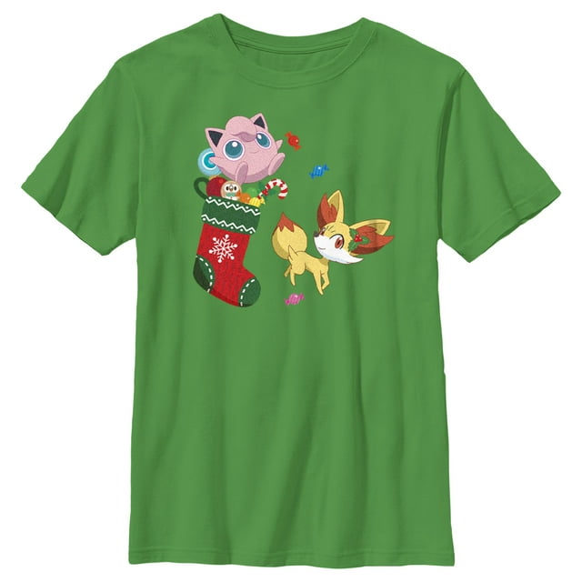 Boy's Pokemon Christmas Jigglypuff and Fennekin Stocking  Graphic Tee Kelly Green Large