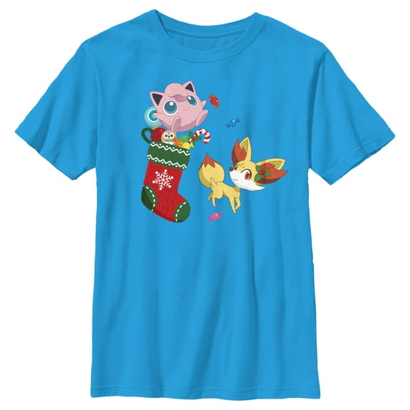 Boy's Pokemon Christmas Jigglypuff and Fennekin Stocking Graphic Tee Turquoise Medium