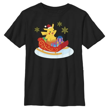 Boy's Pokemon Christmas Pikachu Sleigh  Graphic Tee Black Large