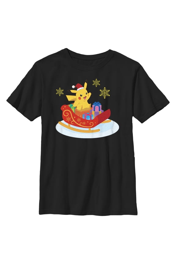 Boy's Pokemon Christmas Pikachu Sleigh Graphic Tee Black Large