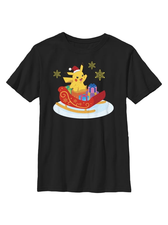 Boy's Pokemon Christmas Pikachu Sleigh Graphic Tee Black Small