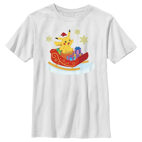Boy's Pokemon Christmas Pikachu Sleigh  Graphic Tee White Small