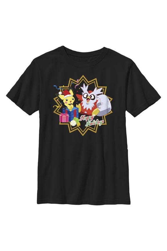 Boy's Pokemon Christmas Pikachu and Delibird Happy Holidays Graphic Tee Black Medium