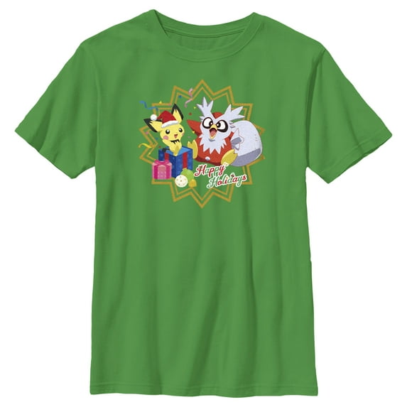 Boy's Pokemon Christmas Pikachu and Delibird Happy Holidays Graphic Tee Kelly Green X Small