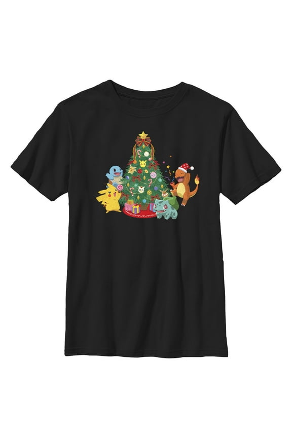 Boy's Pokemon Christmas Tree Characters Graphic Tee Black Small